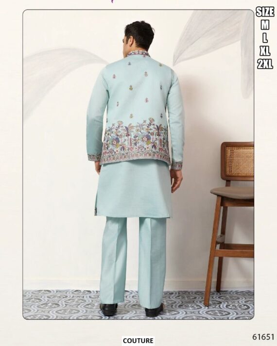 Viscose Silk Men's Traditional Look Kurta Pajama With Thread And Sequence Embroidered Koti