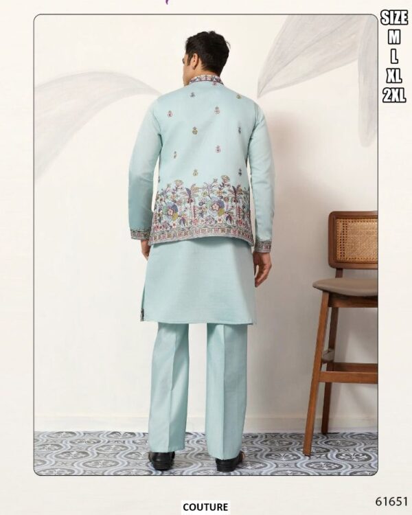 Viscose Silk Men's Traditional Look Kurta Pajama With Thread And Sequence Embroidered Koti