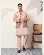 Viscose Silk Men's Traditional Look Kurta Pajama With Thread And Sequence Embroidered Koti