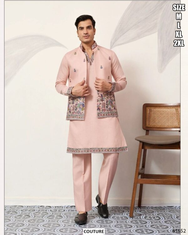 Viscose Silk Men's Traditional Look Kurta Pajama With Thread And Sequence Embroidered Koti