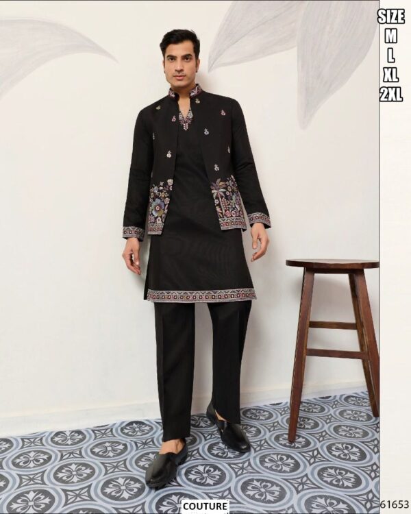 Viscose Silk Men's Traditional Look Kurta Pajama With Thread And Sequence Embroidered Koti