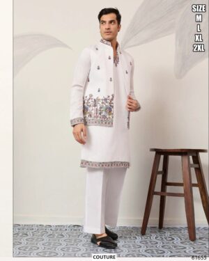 Viscose Silk Men's Traditional Look Kurta Pajama With Thread And Sequence Embroidered Koti