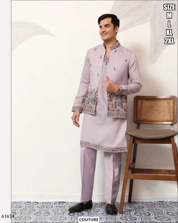 Viscose Silk Men's Traditional Look Kurta Pajama With Thread And Sequence Embroidered Koti