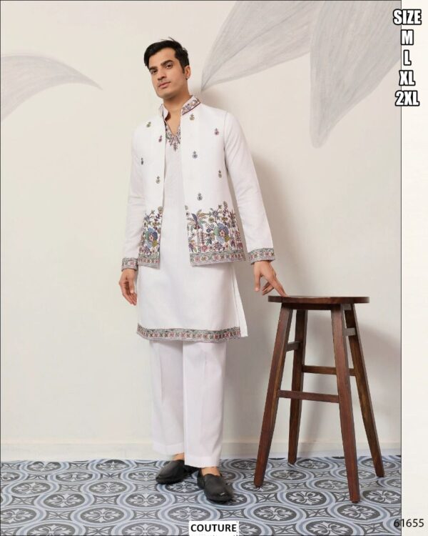 Viscose Silk Men's Traditional Look Kurta Pajama With Thread And Sequence Embroidered Koti