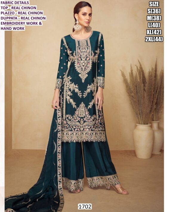 Achieve An Elegant Look For Indian And Pakistani Wedding Festivities With Our Chinon Stunning Designer Plazo Suits