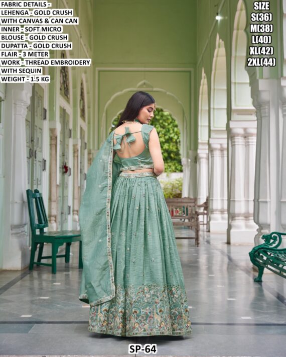 Beautiful Wedding Special Gold Crush Lehenga Choli Set In Mint Green And Lavender Colour!