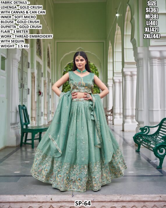 Beautiful Wedding Special Gold Crush Lehenga Choli Set In Mint Green And Lavender Colour!