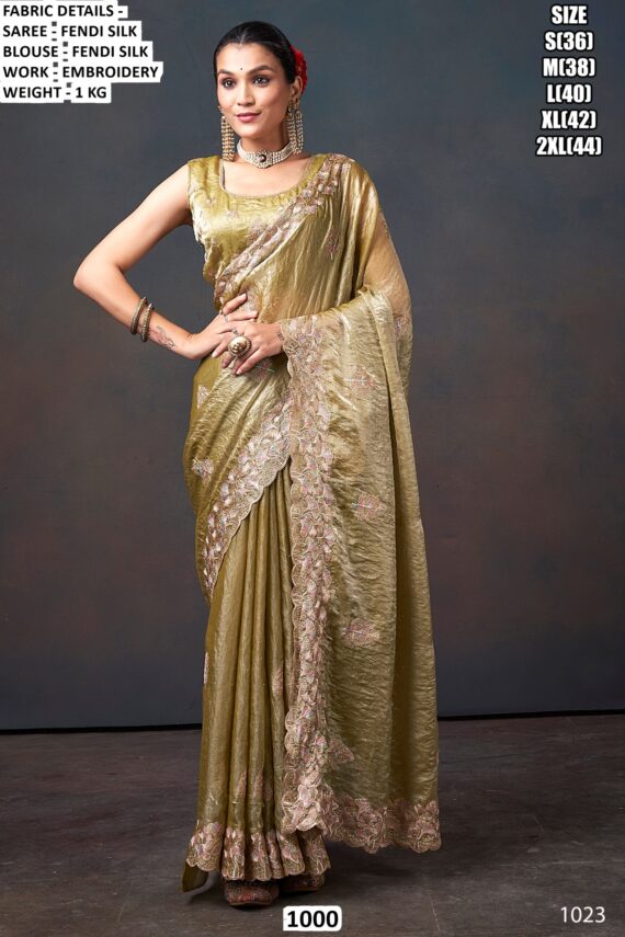 A Luxurious Pure Fendi Silk Shining Sarees Beautifully Crafted With Heavy Embroidery Work