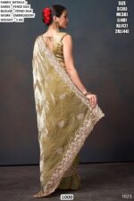 A Luxurious Pure Fendi Silk Shining Sarees Beautifully Crafted With Heavy Embroidery Work