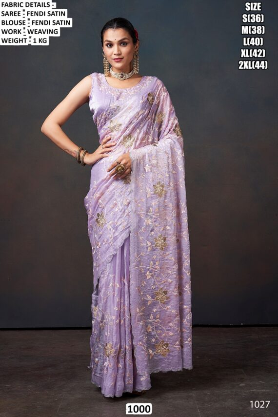 A Luxurious Pure Fendi Silk Shining Sarees Beautifully Crafted With Heavy Embroidery Work