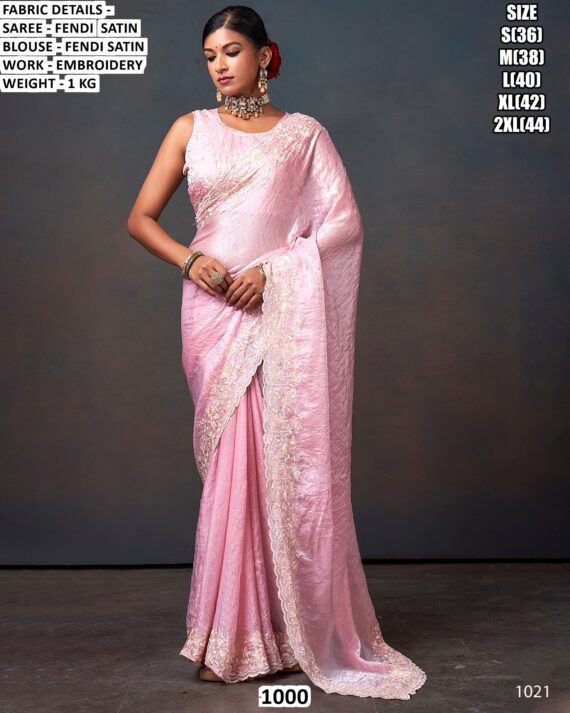 A Luxurious Pure Fendi Silk Shining Sarees Beautifully Crafted With Heavy Embroidery Work