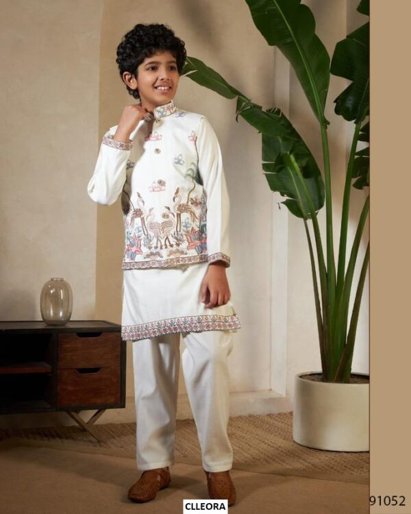 Functions Wear Viscose Silk Kurta Set With Multi Embroidered Koti For Little Boys