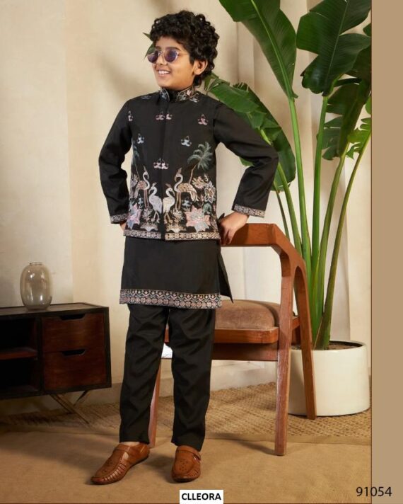 Functions Wear Viscose Silk Kurta Set With Multi Embroidered Koti For Little Boys
