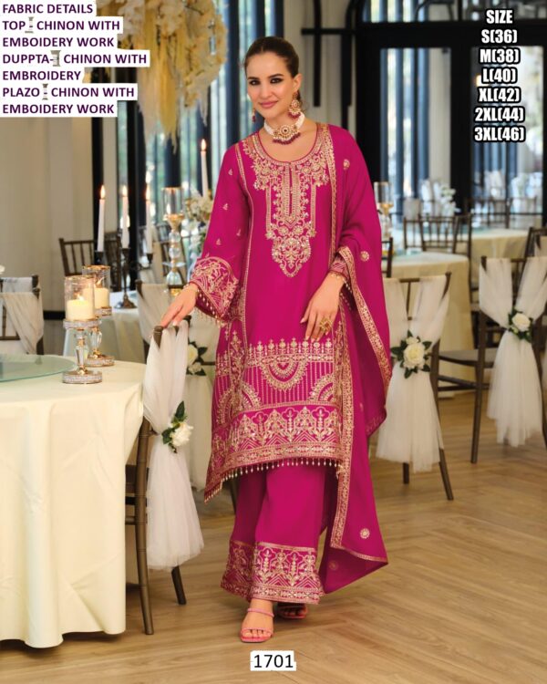 Aristocratic Chinon Heavy Designer Three-Piece Pakistani Plazo Suits For Women