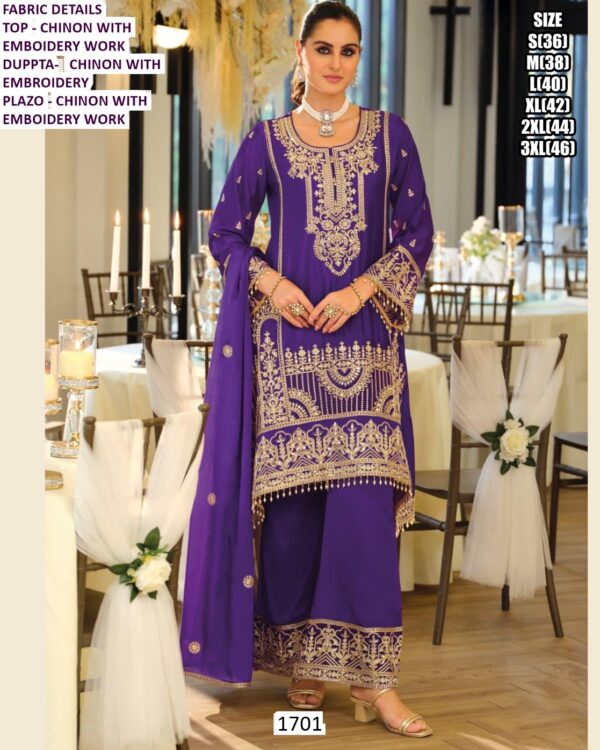 Aristocratic Chinon Heavy Designer Three-Piece Pakistani Plazo Suits For Women