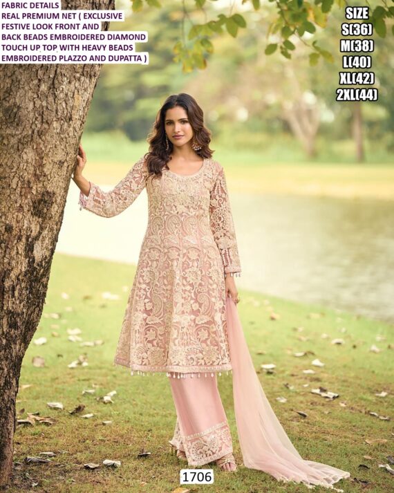 Real Premium Net With Exclusive Beads Embroidery Work Party Look Salwar Kameez Suits