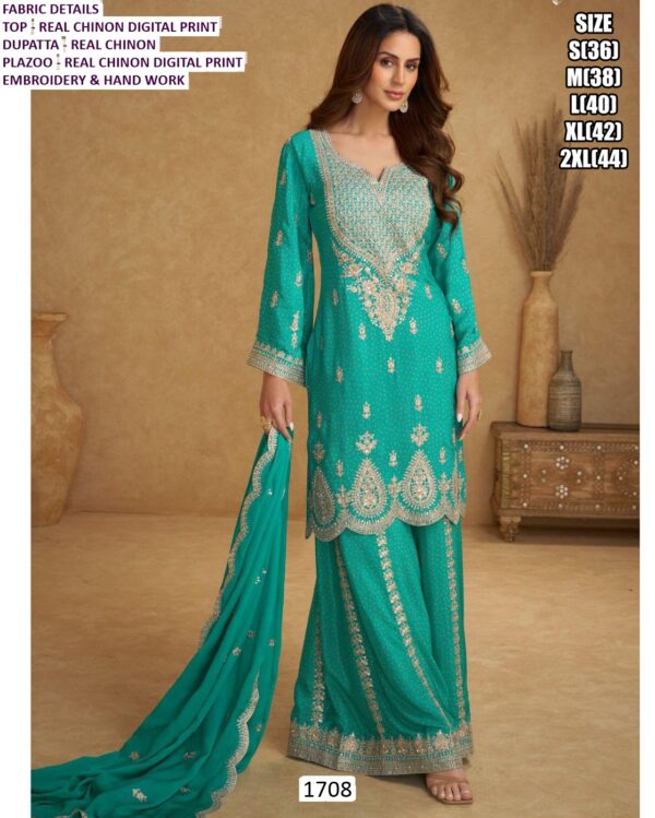 Real Chinon Digital Printed And Embroidered Party And Wedding Wear Suit Set With Dupatta