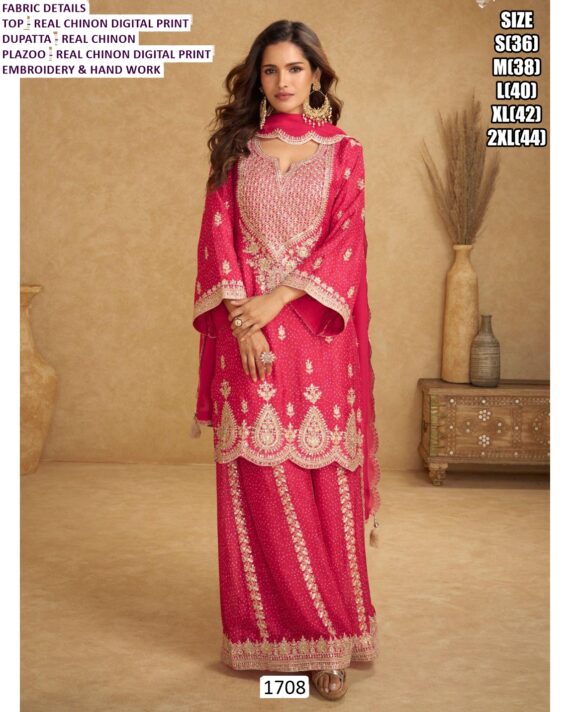 Real Chinon Digital Printed And Embroidered Party And Wedding Wear Suit Set With Dupatta