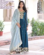 Rama Blue Attractive Full Sleeve Embroidery Designer Faux Georgette Wedding Gown Dress
