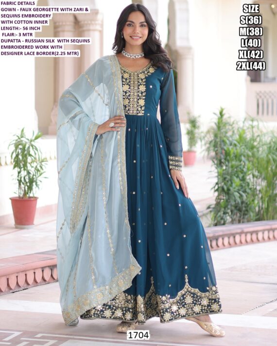 Rama Blue Attractive Full Sleeve Embroidery Designer Faux Georgette Wedding Gown Dress