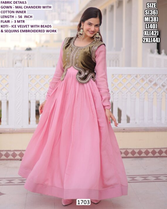 Mal Chanderi Anarkali Gown With Ice Velvet Koti Beads And Sequins Embroidery For Occasions