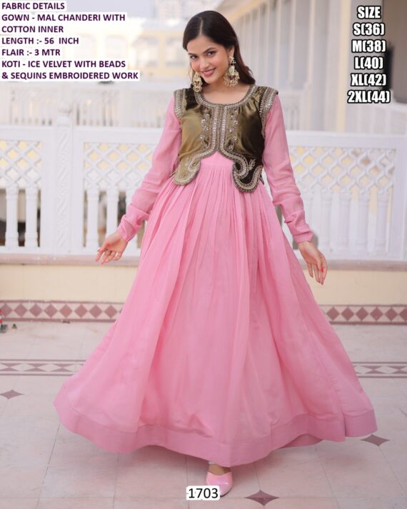 Mal Chanderi Anarkali Gown With Ice Velvet Koti Beads And Sequins Embroidery For Occasions