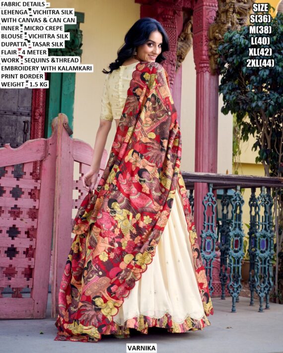 Vichitra Silk Cultural Kalamkari Print Border Lehenga With Blouse And Kalamkari Printed Dupatta