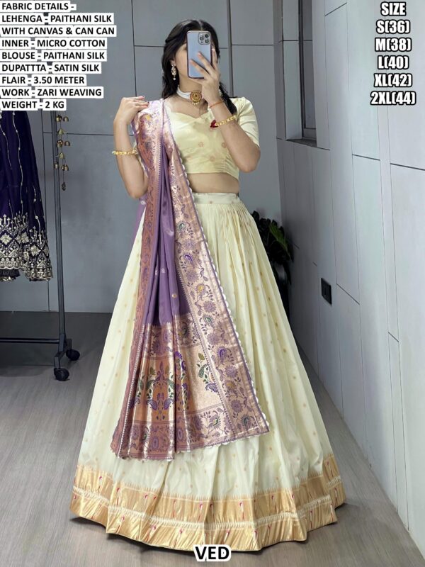 Incredible Zari Weaving White Paithani Silk Lehenga Choli With Different Colour Dupatta
