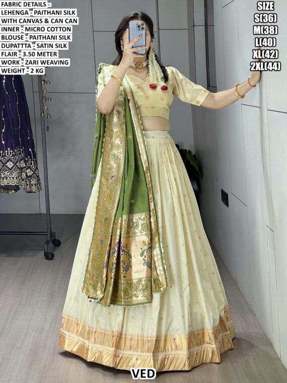Incredible Zari Weaving White Paithani Silk Lehenga Choli With Different Colour Dupatta