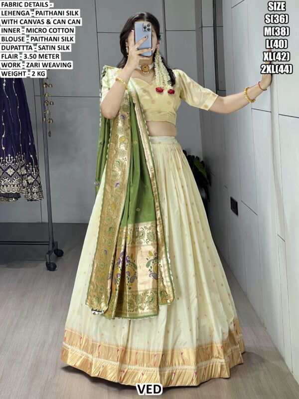 Incredible Zari Weaving White Paithani Silk Lehenga Choli With Different Colour Dupatta