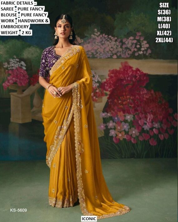 Accenting The Charming Feeling With This Pure Fancy Fabric Heavy Embroidery Work Wedding Wear Sarees