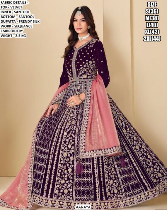 Launching New Wedding Wear Velvet Un-Stitched Gown With Heavy Embroidery Work