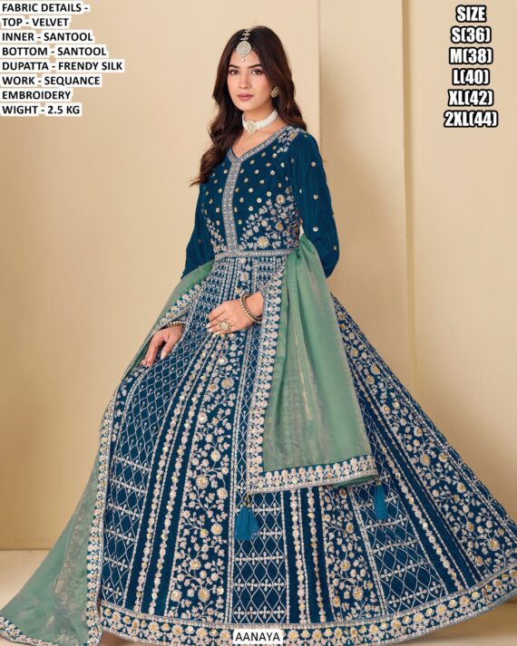 Launching New Wedding Wear Velvet Un-Stitched Gown With Heavy Embroidery Work