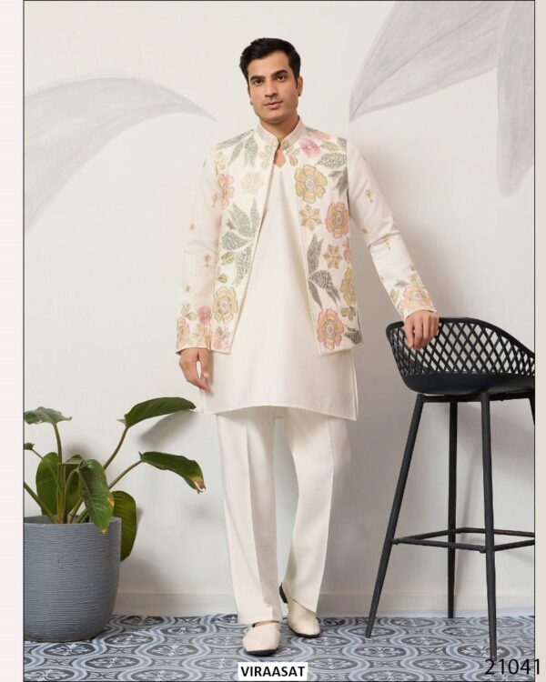 This Wedding Season Look Extremely Dapper In This Satin Silk Multi-Thread Work Kurta, Pajama And Jacket