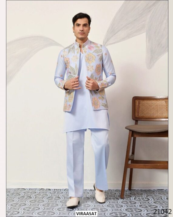 This Wedding Season Look Extremely Dapper In This Satin Silk Multi-Thread Work Kurta, Pajama And Jacket