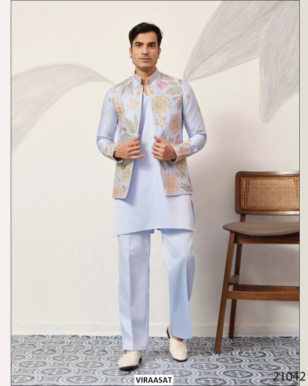 This Wedding Season Look Extremely Dapper In This Satin Silk Multi-Thread Work Kurta, Pajama And Jacket