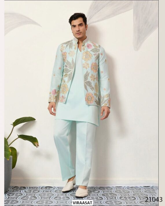 This Wedding Season Look Extremely Dapper In This Satin Silk Multi-Thread Work Kurta, Pajama And Jacket