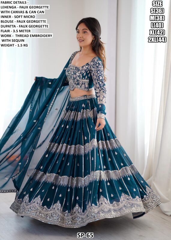 Display Your Beauty Adorning This Blue Sequins Embellished Faux Georgette Lehenga Choli