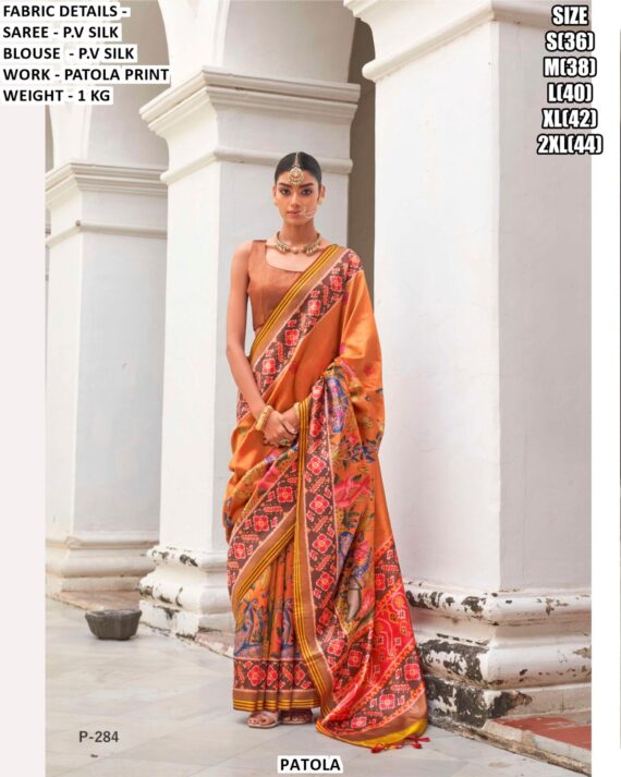 Premium Patan Patola Printed Sarees In Superior Twill P.V. Silk With Woven Border And Pallu