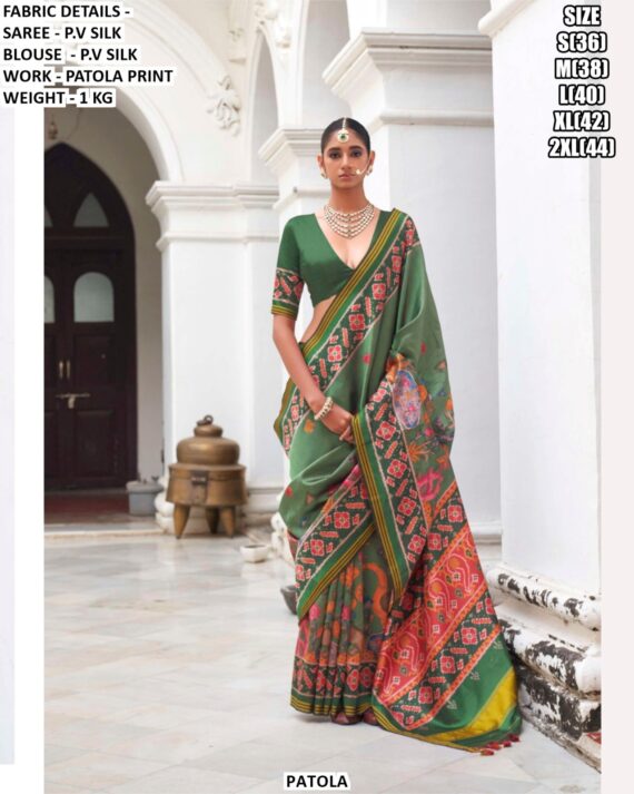 Premium Patan Patola Printed Sarees In Superior Twill P.V. Silk With Woven Border And Pallu