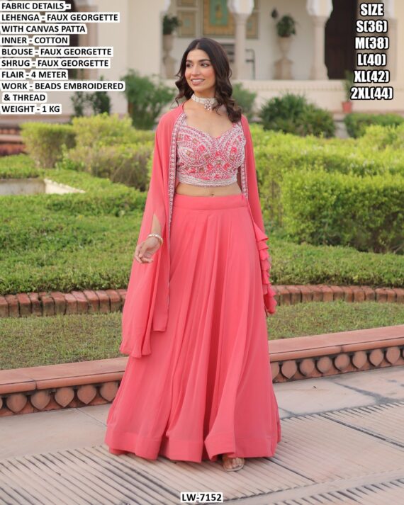 Beads Embroidered And Thread Work Faux Georgette Lehenga Choli With Shrug