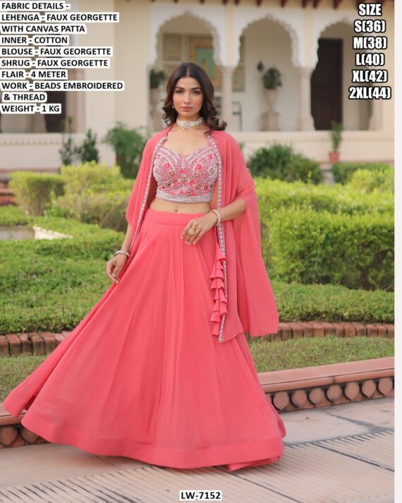 Beads Embroidered And Thread Work Faux Georgette Lehenga Choli With Shrug