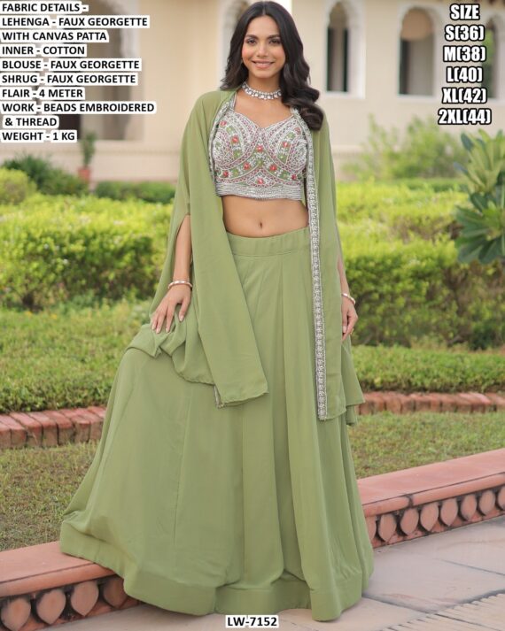 Beads Embroidered And Thread Work Faux Georgette Lehenga Choli With Shrug