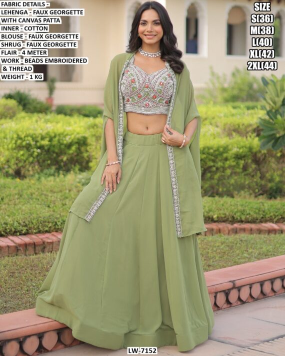 Beads Embroidered And Thread Work Faux Georgette Lehenga Choli With Shrug