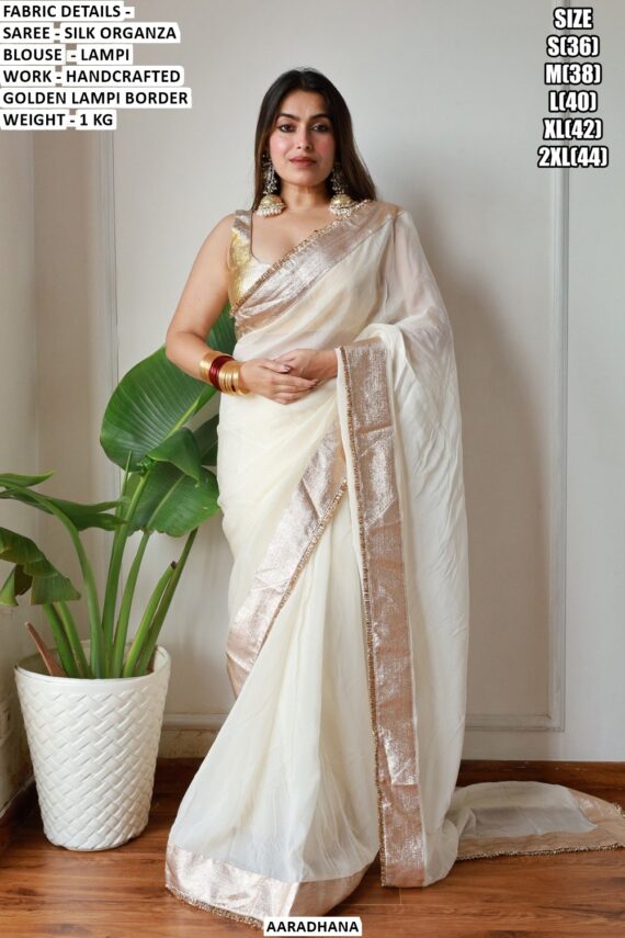 Silk Organza Off-White Party Wear Saree With Handcrafted Golden Lampi Border And Blouse