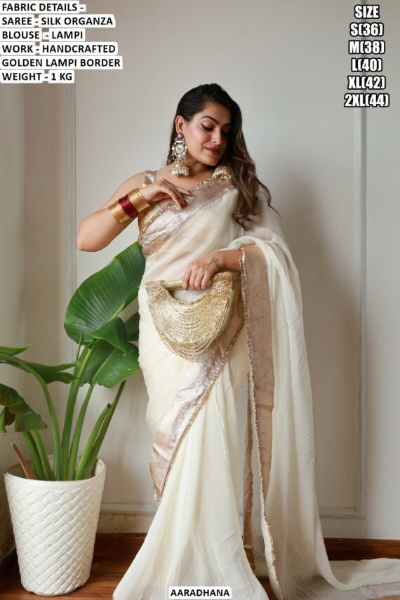 Silk Organza Off-White Party Wear Saree With Handcrafted Golden Lampi Border And Blouse