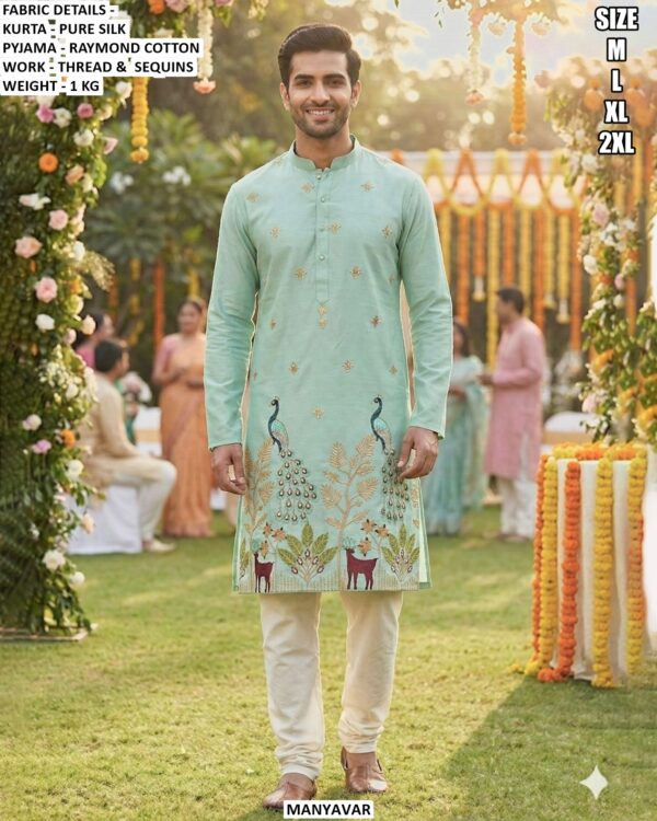Buy Online Men's Pure Silk Wedding Wear Kurta Pajama With Thread And Sequins Work