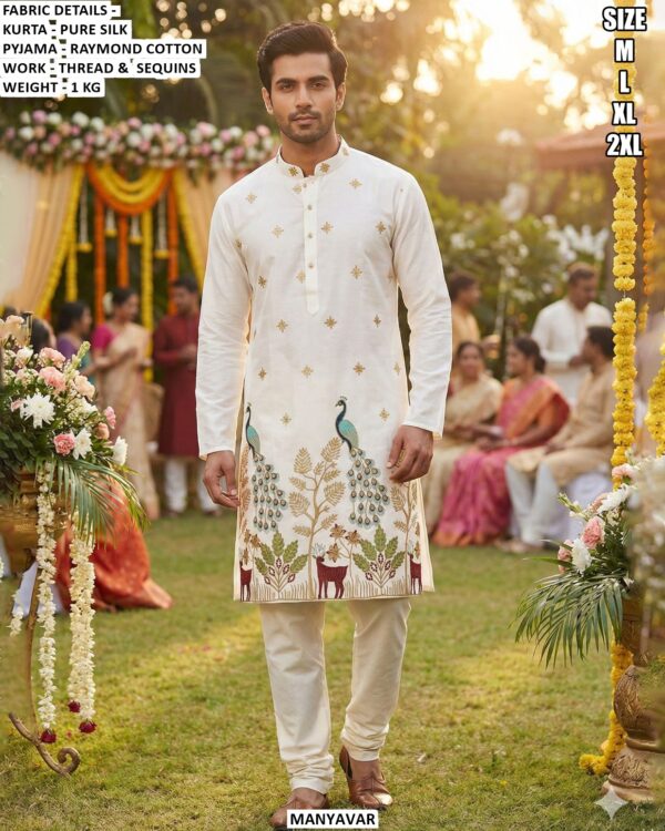 Buy Online Men's Pure Silk Wedding Wear Kurta Pajama With Thread And Sequins Work