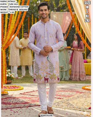 Buy Online Men's Pure Silk Wedding Wear Kurta Pajama With Thread And Sequins Work