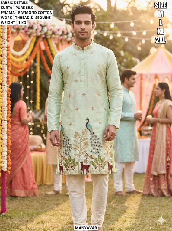 Buy Online Men's Pure Silk Wedding Wear Kurta Pajama With Thread And Sequins Work